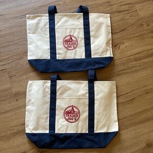 2 NWT Trader Joe’s Classic Navy Blue Large Tote Grocery Bag with Outer Pocket